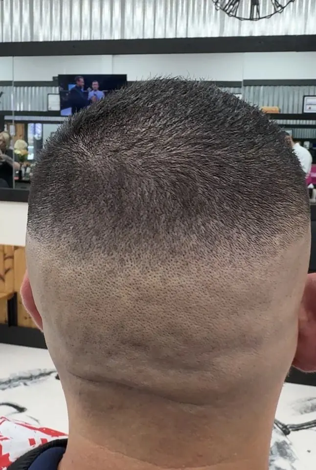 Short crop with a high skin fade, back view